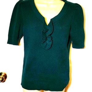 Green ribbed ruffle v neck puff sleeve top